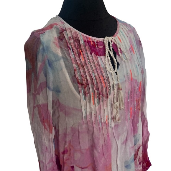 Soft Surroundings Floral Boho Beaded Bed of Roses Silk Chiffon Tunic Top Sz M - Picture 4 of 9